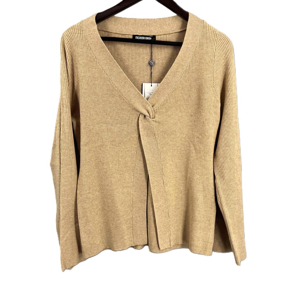 Fashion Union Cardigan Sweater Neutral Tan Ribbed Knit Open Twist Front 10